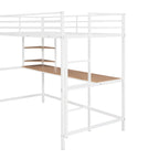Letto a soppalco singolo in metallo bianco con scrivania, scala e ripiani per bambini
