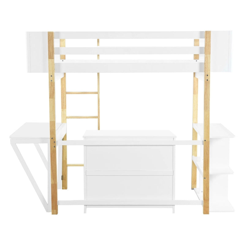 White Twin Size Solid Wood Loft Bed with Built-in Storage and Foldable Desk