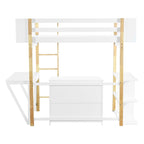 Letto rialzato bianco singolo in legno massello con contenitore integrato e scrivania pieghevole