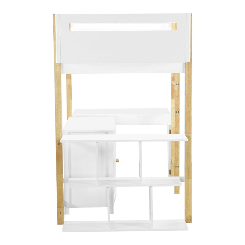 White Twin Size Solid Wood Loft Bed with Built-in Storage and Foldable Desk