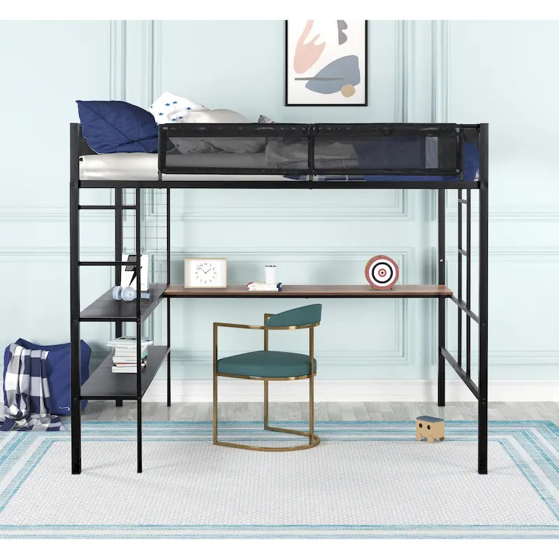 Black Full Size Metal Loft Bed with Desk and Shelves