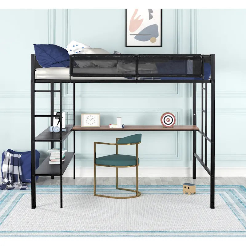 Black Full Size Metal Loft Bed with Desk and Shelves
