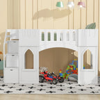 Letto a soppalco bianco in legno massello con scala contenitore e finestra per bambini, maschi e femmine