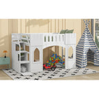 Letto a soppalco bianco in legno massello con scala contenitore e finestra per bambini, maschi e femmine
