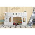 Letto a soppalco bianco in legno massello con scala contenitore e finestra per bambini, maschi e femmine