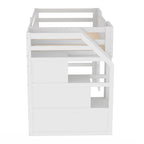 Letto a soppalco bianco in legno massello con scala contenitore e finestra per bambini, maschi e femmine