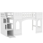 Letto a soppalco bianco in legno massello con scala contenitore e finestra per bambini, maschi e femmine