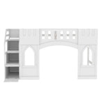 Letto a soppalco bianco in legno massello con scala contenitore e finestra per bambini, maschi e femmine