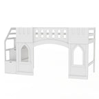 Letto a soppalco bianco in legno massello con scala contenitore e finestra per bambini, maschi e femmine