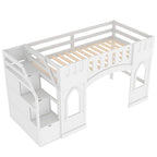 Letto a soppalco bianco in legno massello con scala contenitore e finestra per bambini, maschi e femmine