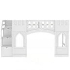 Letto a soppalco bianco in legno massello con scala contenitore e finestra per bambini, maschi e femmine
