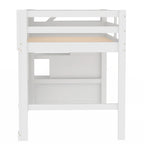 Letto a soppalco bianco in legno massello con scala contenitore e finestra per bambini, maschi e femmine