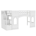 Letto a soppalco bianco in legno massello con scala contenitore e finestra per bambini, maschi e femmine