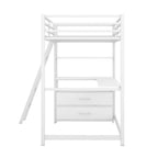 Letto a soppalco bianco singolo in metallo e legno con scrivania e ripiani, due cassetti integrati
