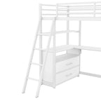 Letto a soppalco bianco singolo in metallo e legno con scrivania e ripiani, due cassetti integrati