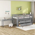 Letto a soppalco singolo grigio in legno massello con scrivania estraibile e cassetti