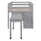 Letto a soppalco singolo grigio in legno massello con scrivania estraibile e cassetti
