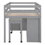 Letto a soppalco singolo grigio in legno massello con scrivania estraibile e cassetti
