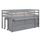 Letto a soppalco singolo grigio in legno massello con scrivania estraibile e cassetti