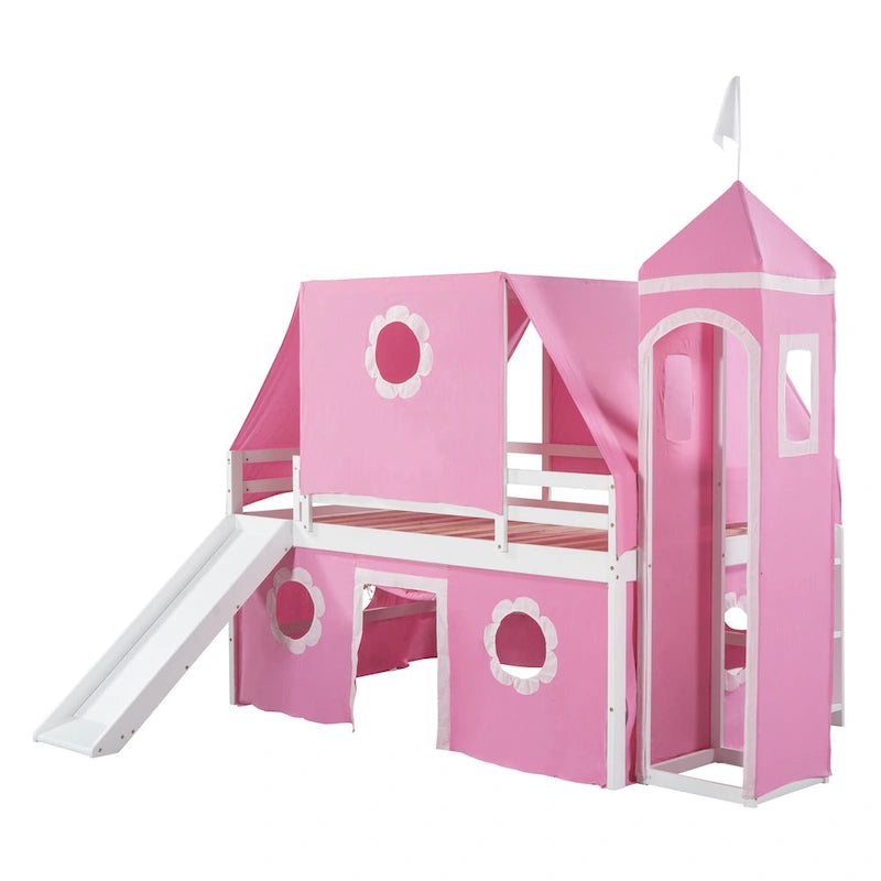 Pink Full Size Cute Wood House Loft Bed with Slide & Tent