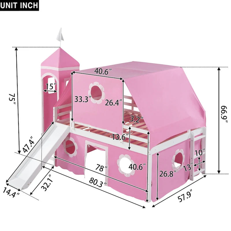 Pink Full Size Cute Wood House Loft Bed with Slide & Tent