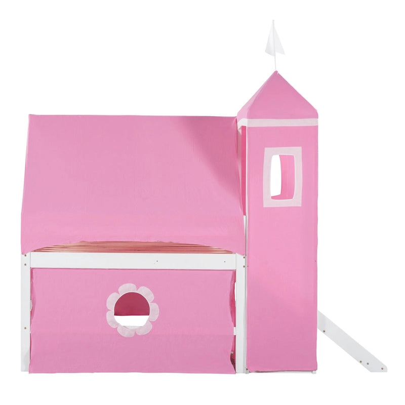 Pink Full Size Cute Wood House Loft Bed with Slide & Tent