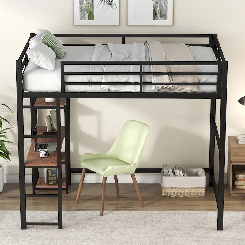 Black Full Size Metal Loft Bed with Desk and Storage Shelves