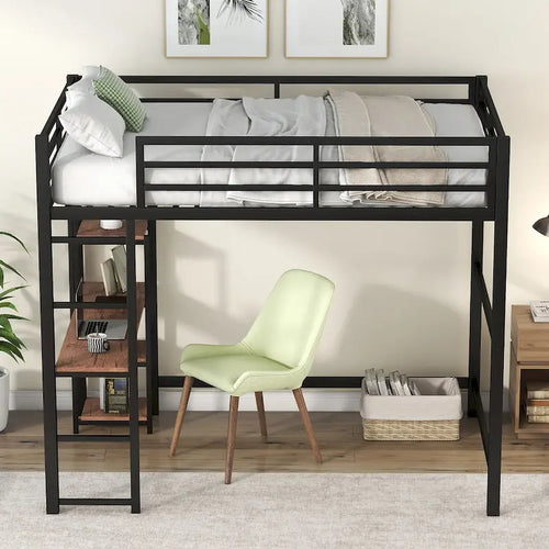 Black Full Size Metal Loft Bed with Desk and Storage Shelves