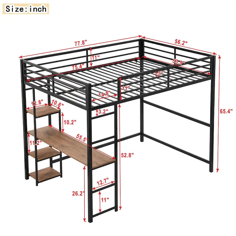 Black Full Size Metal Loft Bed with Desk and Storage Shelves