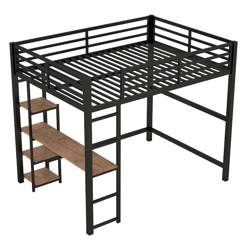 Black Full Size Metal Loft Bed with Desk and Storage Shelves