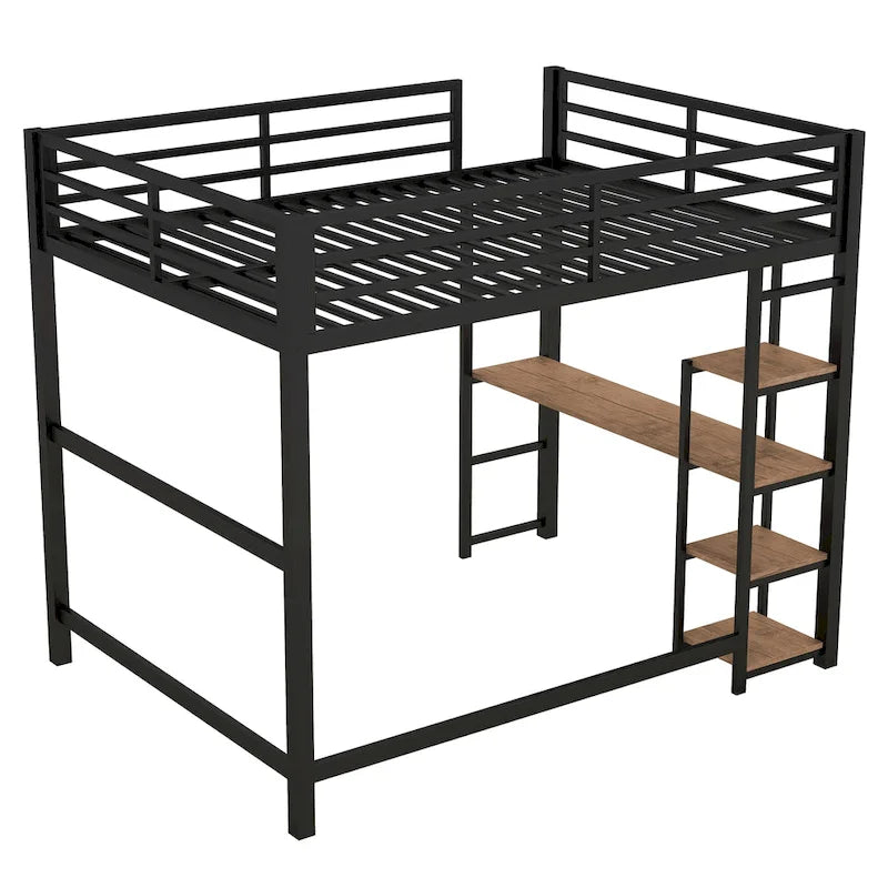 Black Full Size Metal Loft Bed with Desk and Storage Shelves