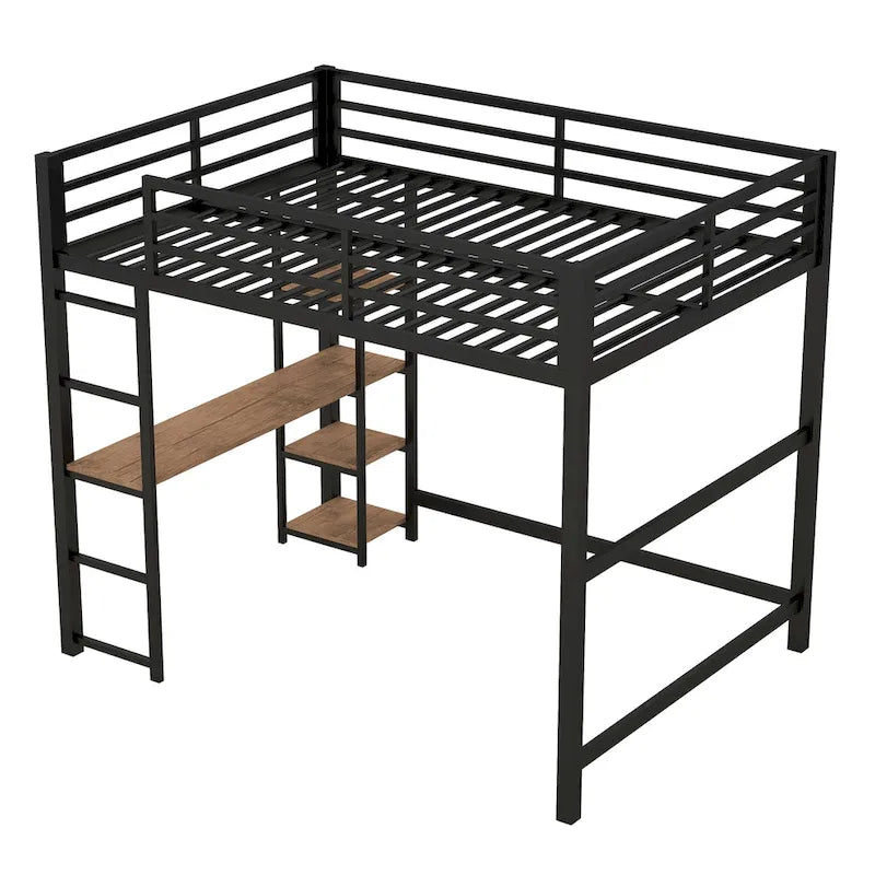 Black Full Size Metal Loft Bed with Desk and Storage Shelves