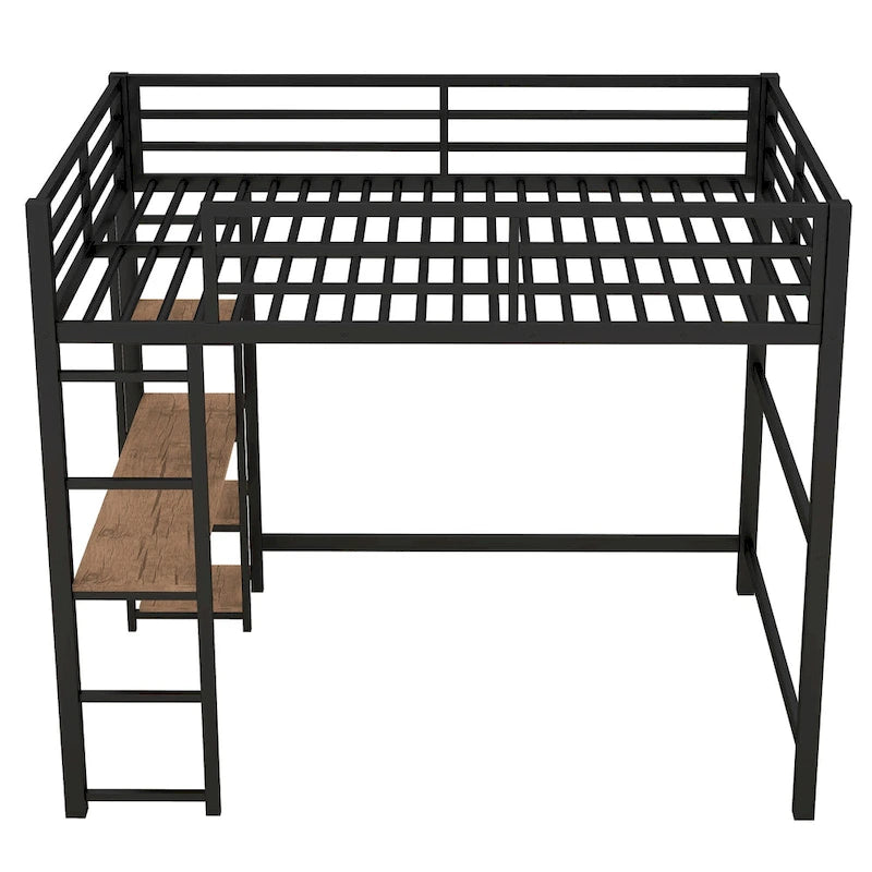 Black Full Size Metal Loft Bed with Desk and Storage Shelves