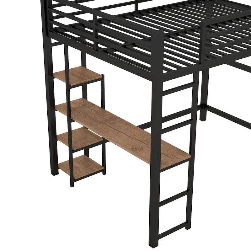 Black Full Size Metal Loft Bed with Desk and Storage Shelves
