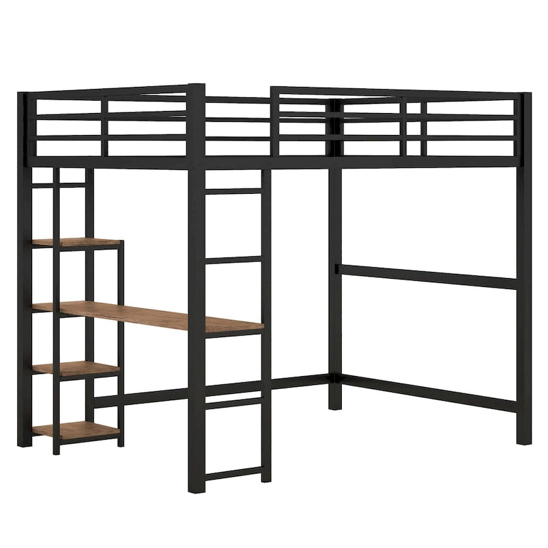 Black Full Size Metal Loft Bed with Desk and Storage Shelves