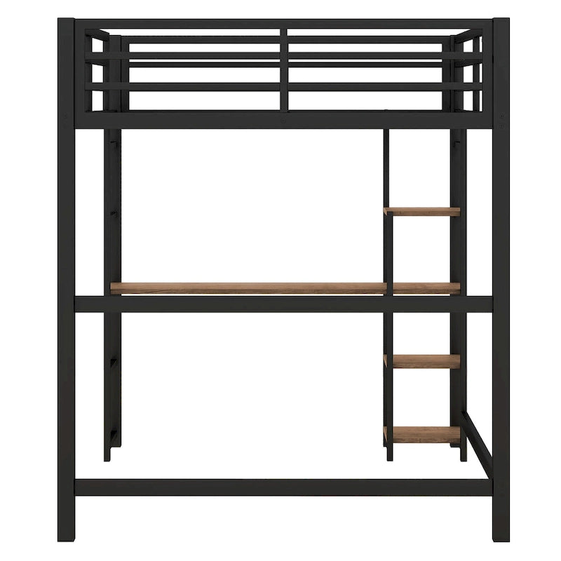 Black Full Size Metal Loft Bed with Desk and Storage Shelves