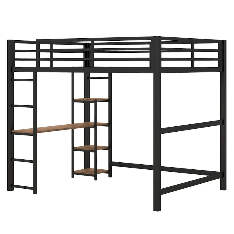 Black Full Size Metal Loft Bed with Desk and Storage Shelves
