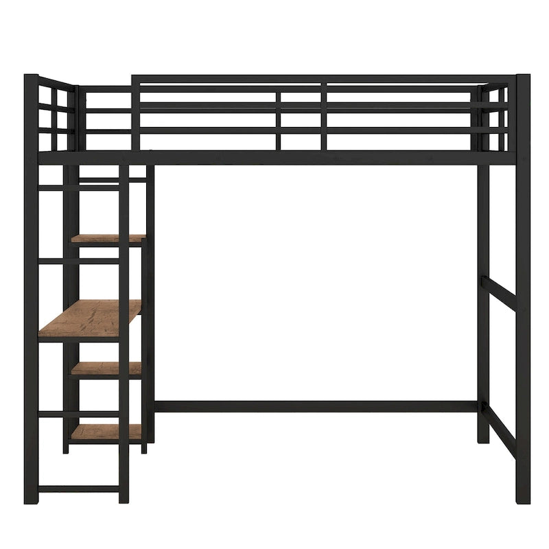Black Full Size Metal Loft Bed with Desk and Storage Shelves