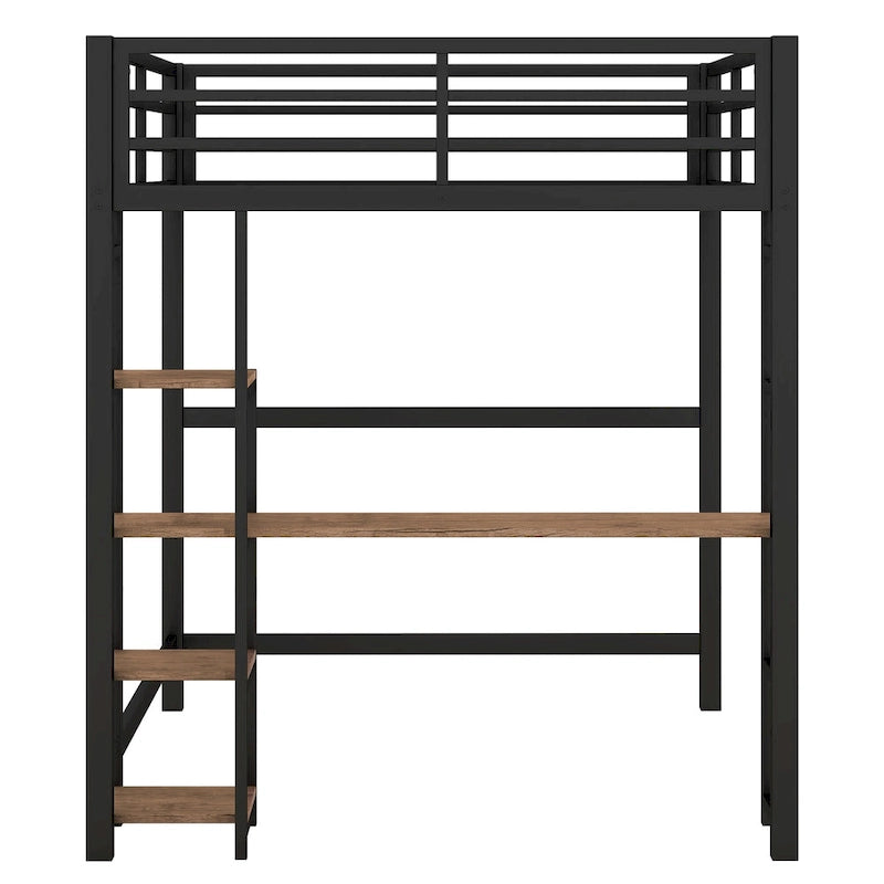 Black Full Size Metal Loft Bed with Desk and Storage Shelves