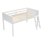 Letto rialzato basso singolo bianco con scala e barriera protettiva