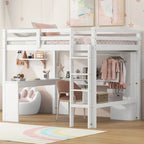Letto a soppalco bianco Full Size in legno massello con scrivania a L e contenitore