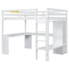 Letto a soppalco bianco Full Size in legno massello con scrivania a L e contenitore