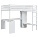 Letto a soppalco bianco Full Size in legno massello con scrivania a L e contenitore