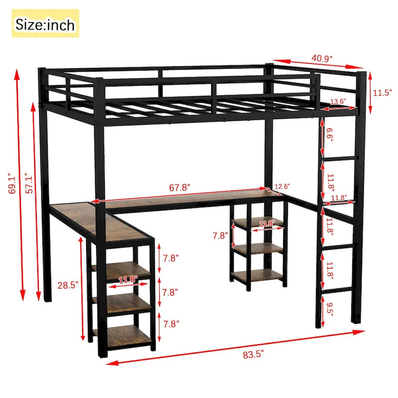 Black Twin XL Size Metal Loft Bed with Desk, Shelves, Ladder, and Guardrails