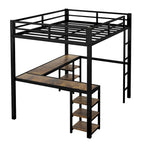 Letto a soppalco XL singolo in metallo nero con scrivania, ripiani, scala e sponde di sicurezza