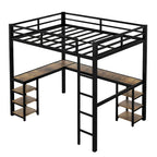 Letto a soppalco XL singolo in metallo nero con scrivania, ripiani, scala e sponde di sicurezza