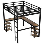 Letto a soppalco XL singolo in metallo nero con scrivania, ripiani, scala e sponde di sicurezza