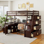 Letto a soppalco matrimoniale in pino color espresso con scrivania e spazio contenitore