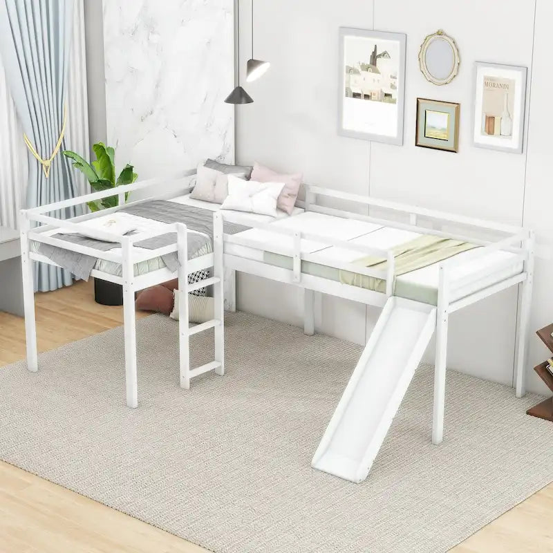 Twin Solid Pine L-Shaped Loft Bed with Slide