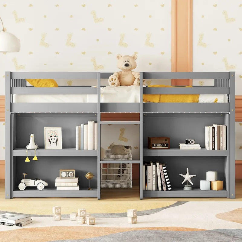 Grey Twin Size Wood Low Loft Bed with Shelves and